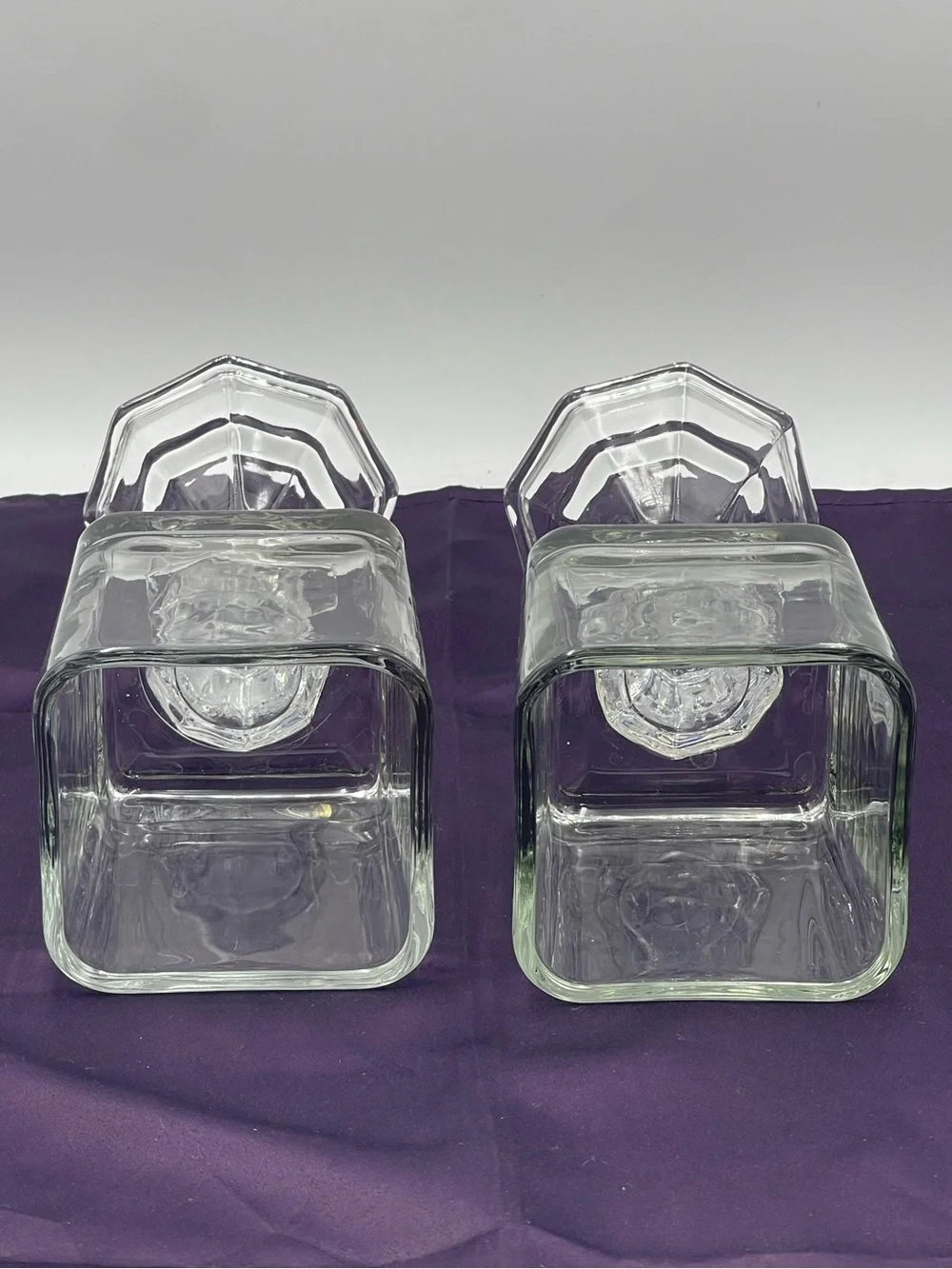Vintage Pressed Glass Candle Holders Square Top Hexagonal Stem Pedestal Set of 2
